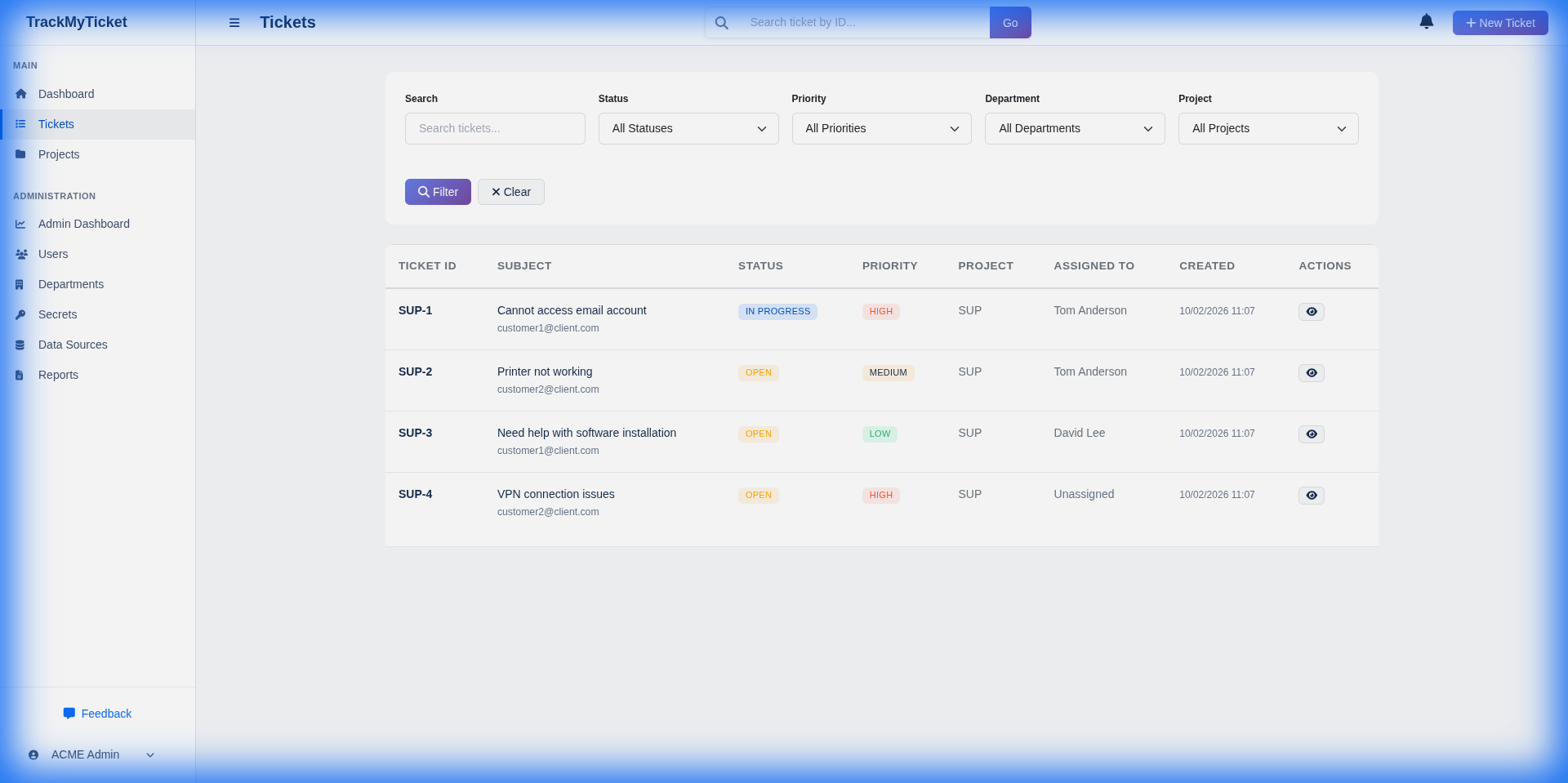 IT ticket management list view with filters, priorities, and status tracking