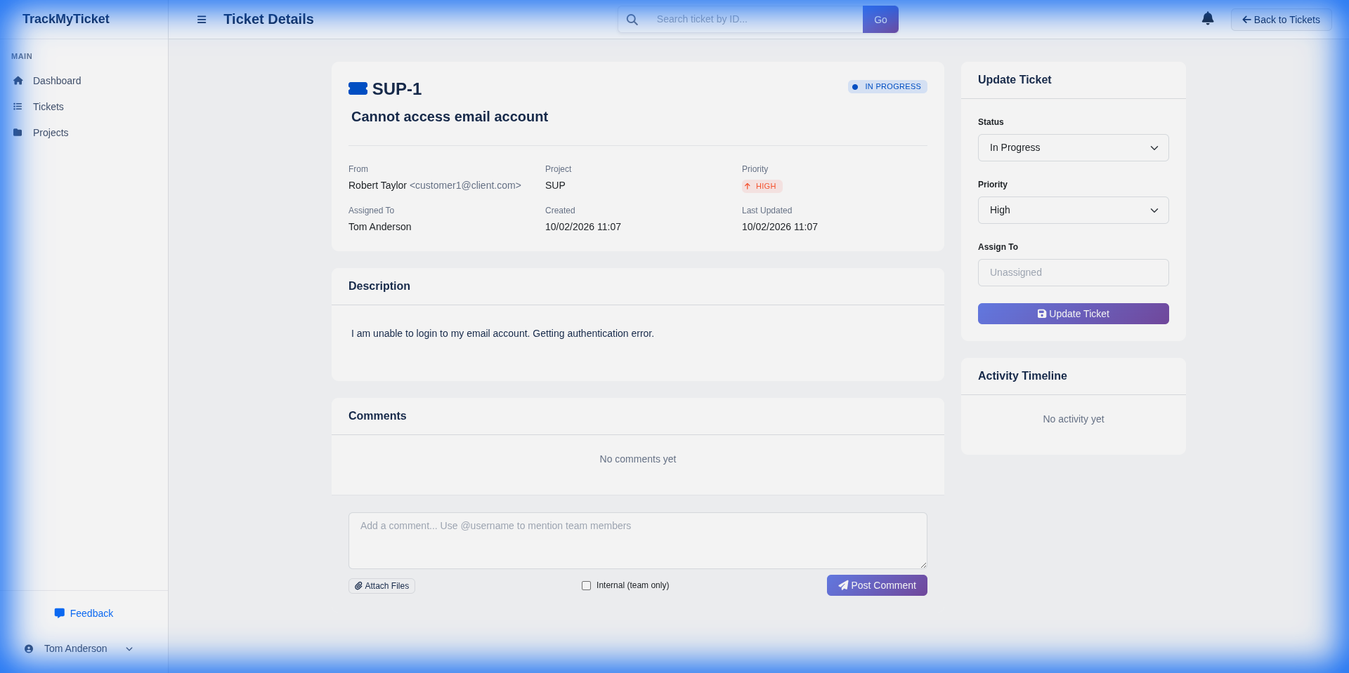 Detailed ticket view with conversation history, assignments, and SLA tracking